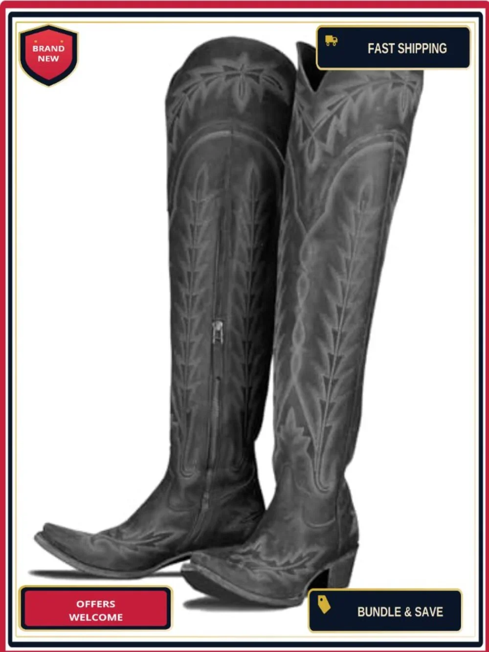 Over the Knee Cowboy Boots Women Embroidered Chunky Heel Side Zipper PU Leather